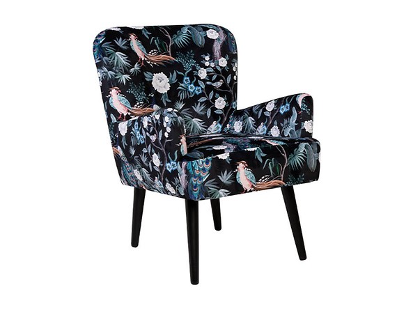 Fotel Noja pokryty tkaniną z motywem bażantów