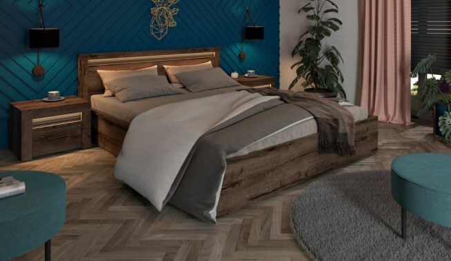 Granatowa sypialnia z drewnem – inspiracje