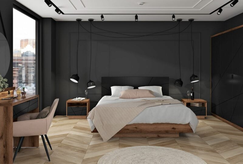 Czarna sypialnia z drewnem - Forn
