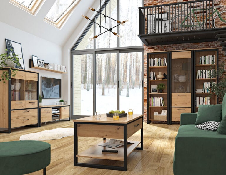 Witryna Dodson w salonie z cegłą i drewnem