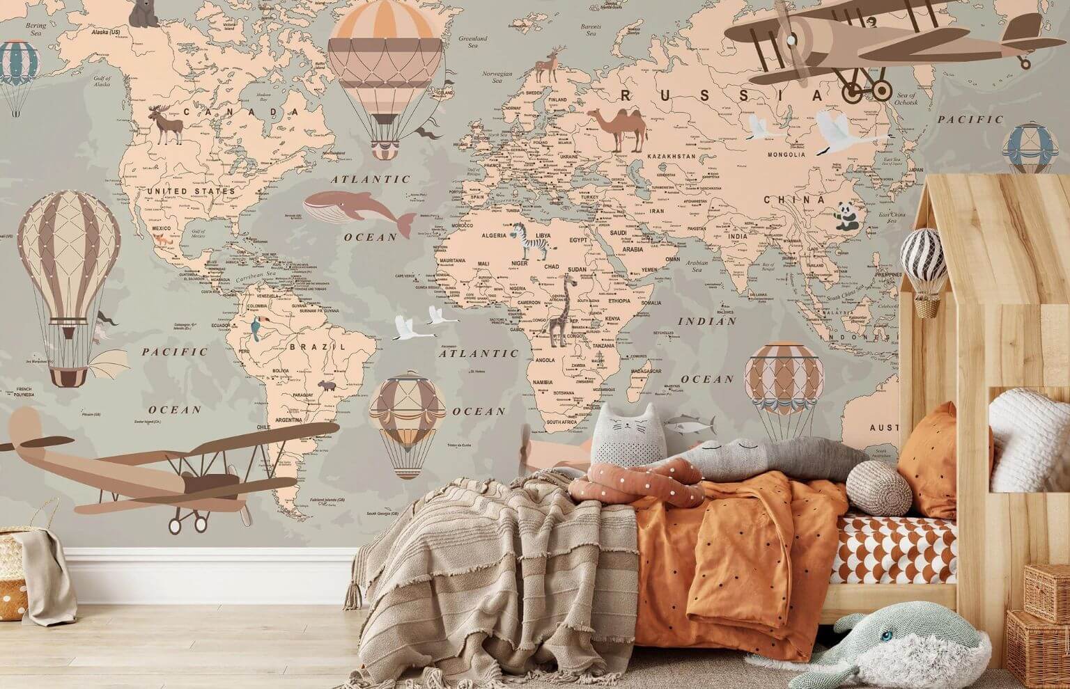 fototapeta mapa świata zwierzęta samoloty balony 90 x 60 cm