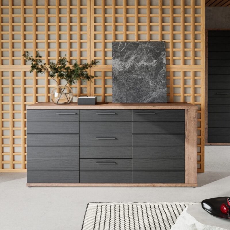 Komoda Lacjum 162 cm z 2 drzwiami i 3 szufladami dąb czarny/dąb szlachetny