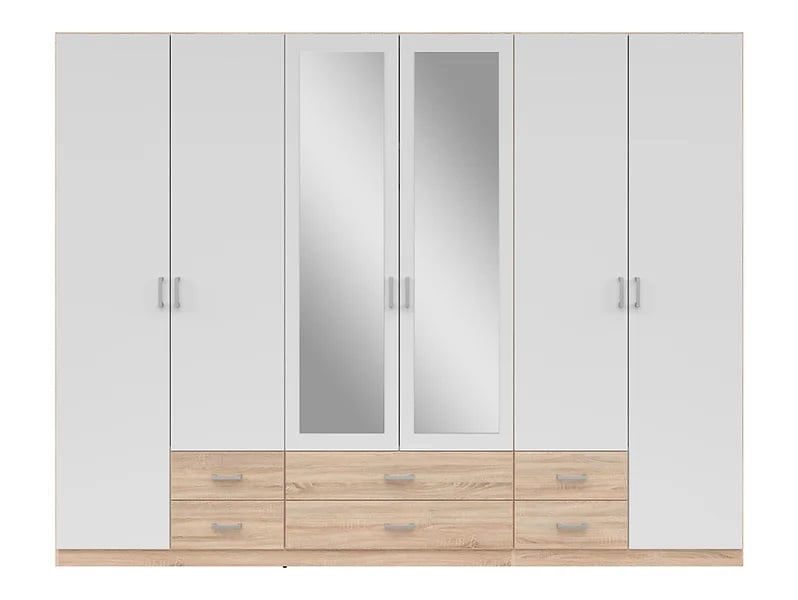 Szafa sześciodrzwiowa Gambo 271 cm z szufladami biały/dąb sonoma