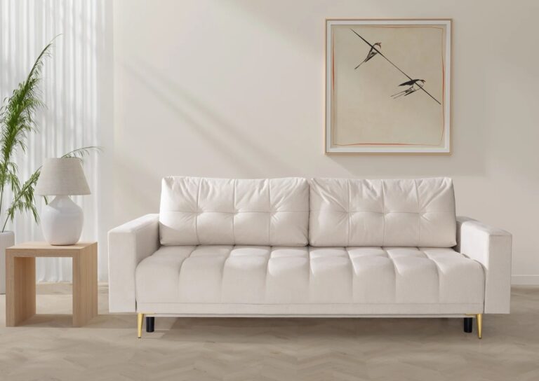 Sofa trzyosobowa Belmira rozkładana z pojemnikiem kremowa