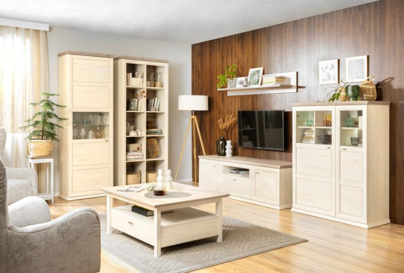 Kolekcja mebli Camron - aranżacja salonu z drewnianą ścianą