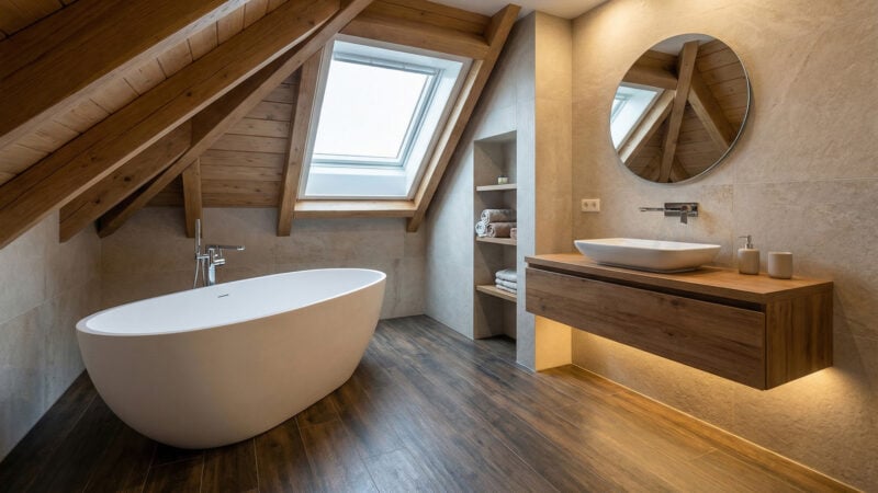 Łazienka na poddaszu z wanną - aranżacja