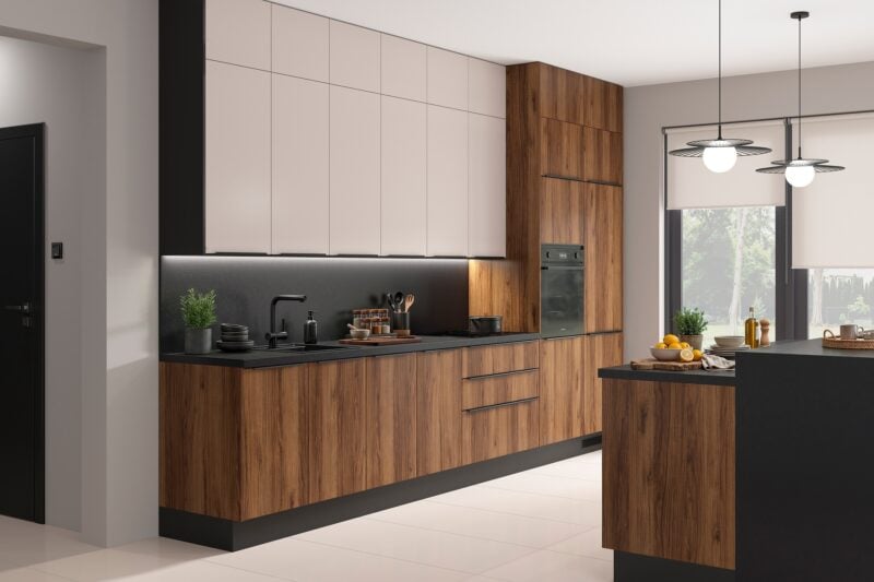 Kuchnia Smooth w kolorach dąb catania i kaszmir - aranżacja
