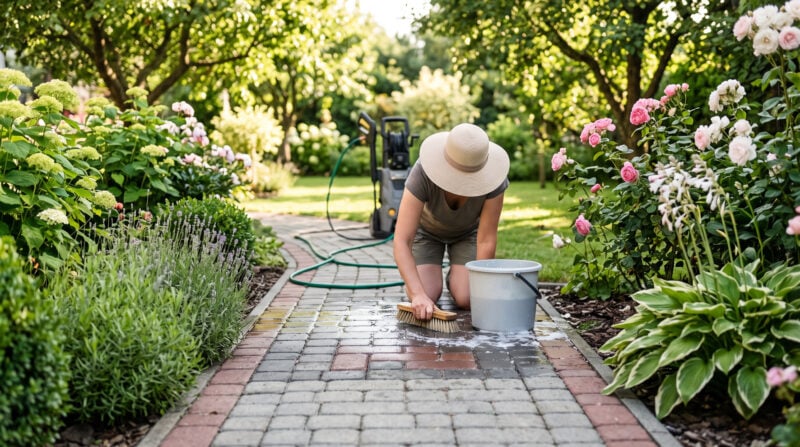 Czyszczenie kostki brukowej szczotką - zdjęcie ścieżki ogrodowej