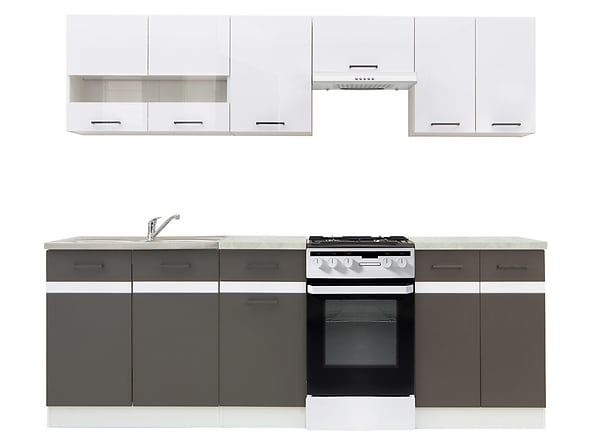 komplet kuchenny Junona Line 230, Kolor frontów szary wolfram/biały połysk, Kolor korpusów biały alpejski, Kolor blatu beton, 120361